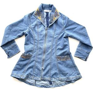 Vintage 90s Bleu Bayou Denim Jacket Medium Blue Embroidered Sequin Mid Length